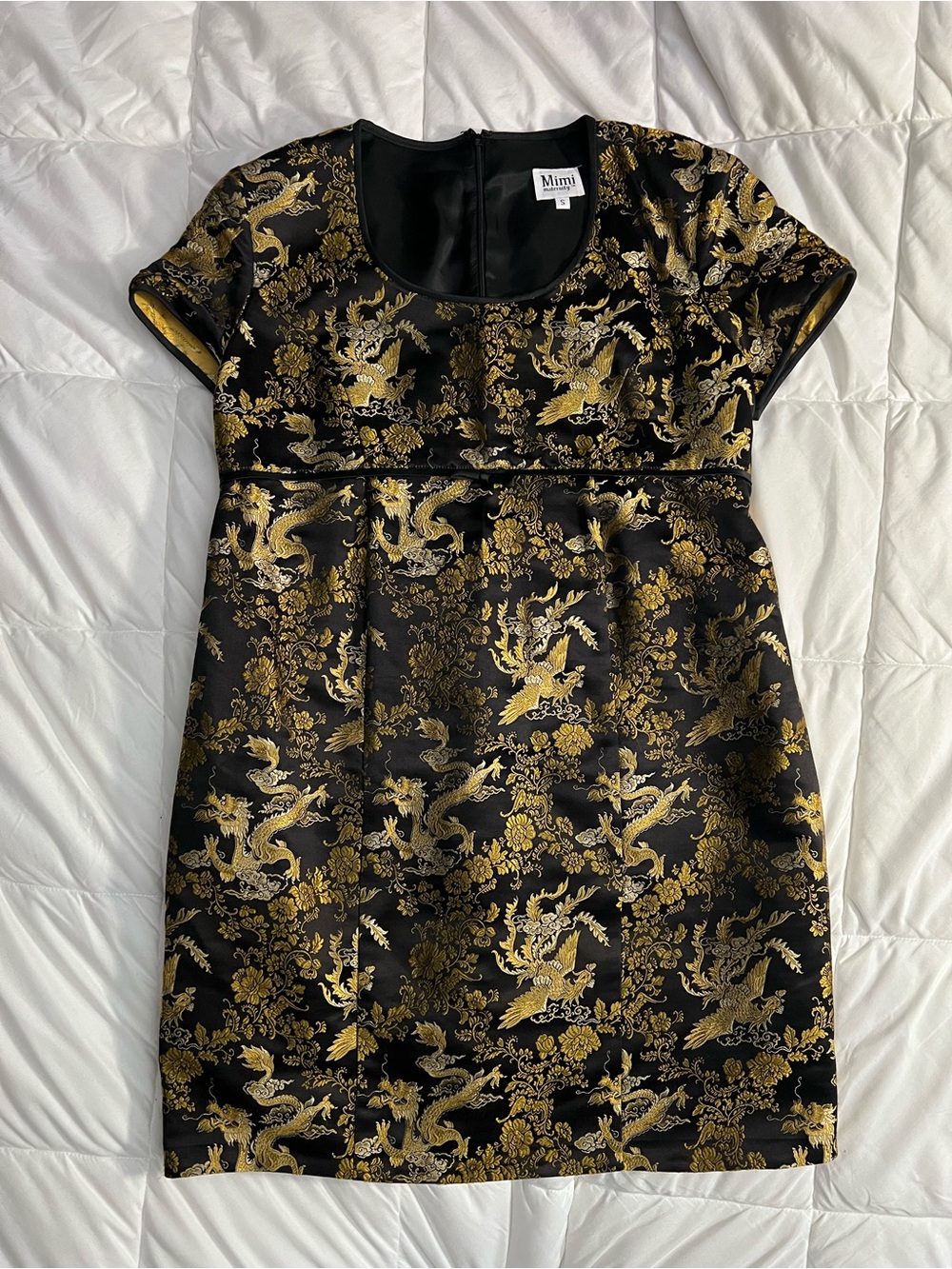 Black Gold Metallic Brocade Dragon Birds Cocktail Dress Vintage Mimi Maternity - Picture 3 of 12